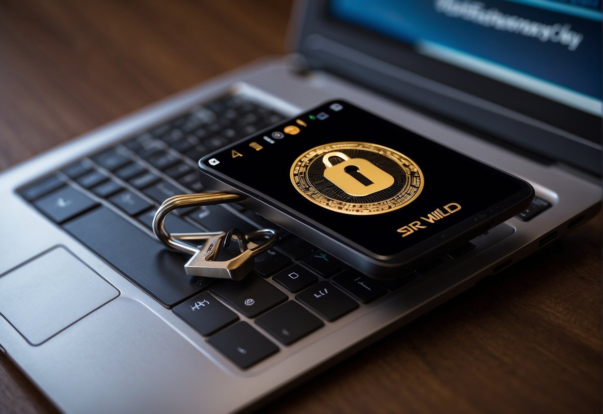 A computer screen displays a lock symbol over a cryptocurrency wallet. A key hovers above, symbolizing the need for recovery services