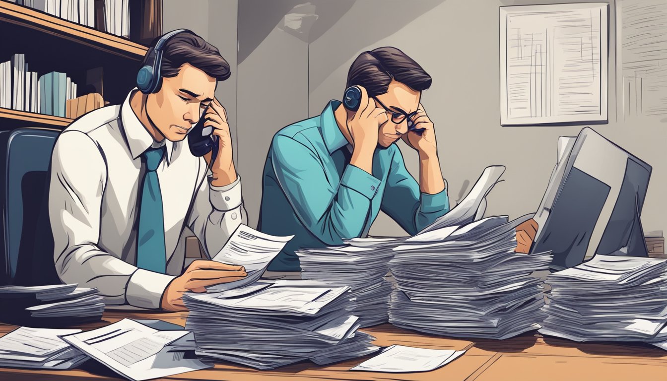 A stack of unpaid bills and loan documents piling up on a desk, with a frustrated borrower on the phone with a bad debt money lender