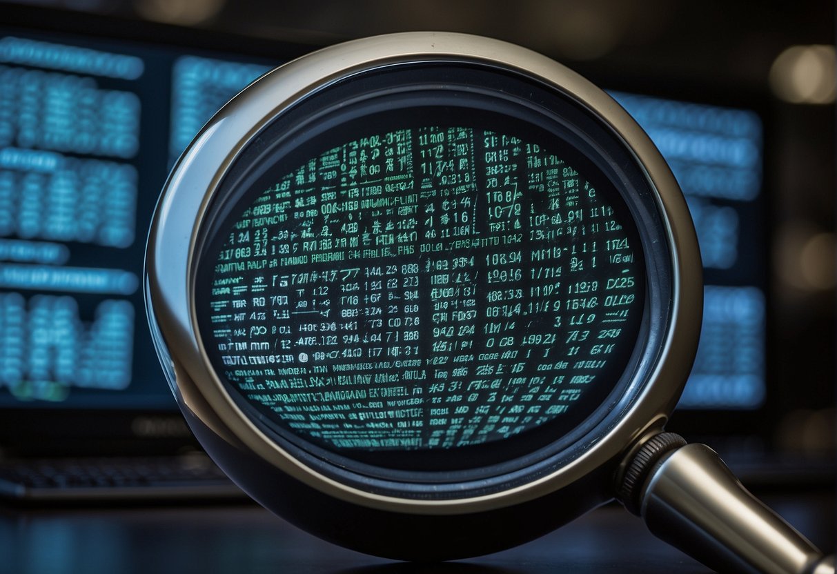 A computer screen displaying a series of complex code and financial transactions, with a detective's magnifying glass hovering over the screen, symbolizing a cryptocurrency theft and fraud investigation. A sign in the background reads "Cryptocurrency Recovery Service."