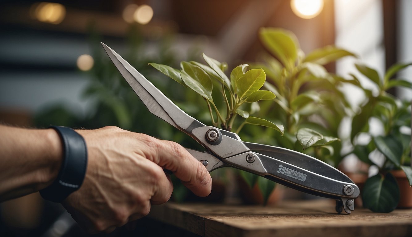 A hand reaches for top pruning shears on a shelf