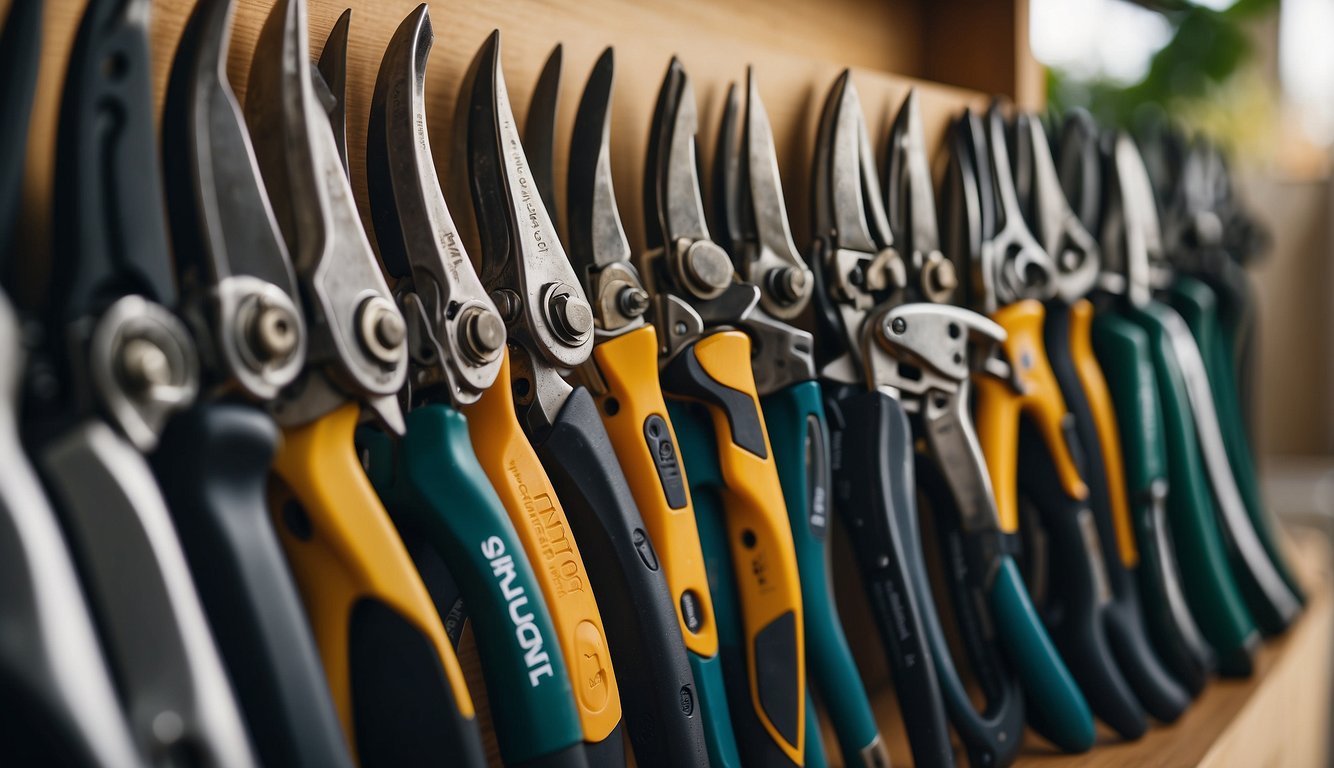 A variety of top pruning shears displayed on a clean, well-lit shelf. Different brands and models are neatly arranged, showcasing their features