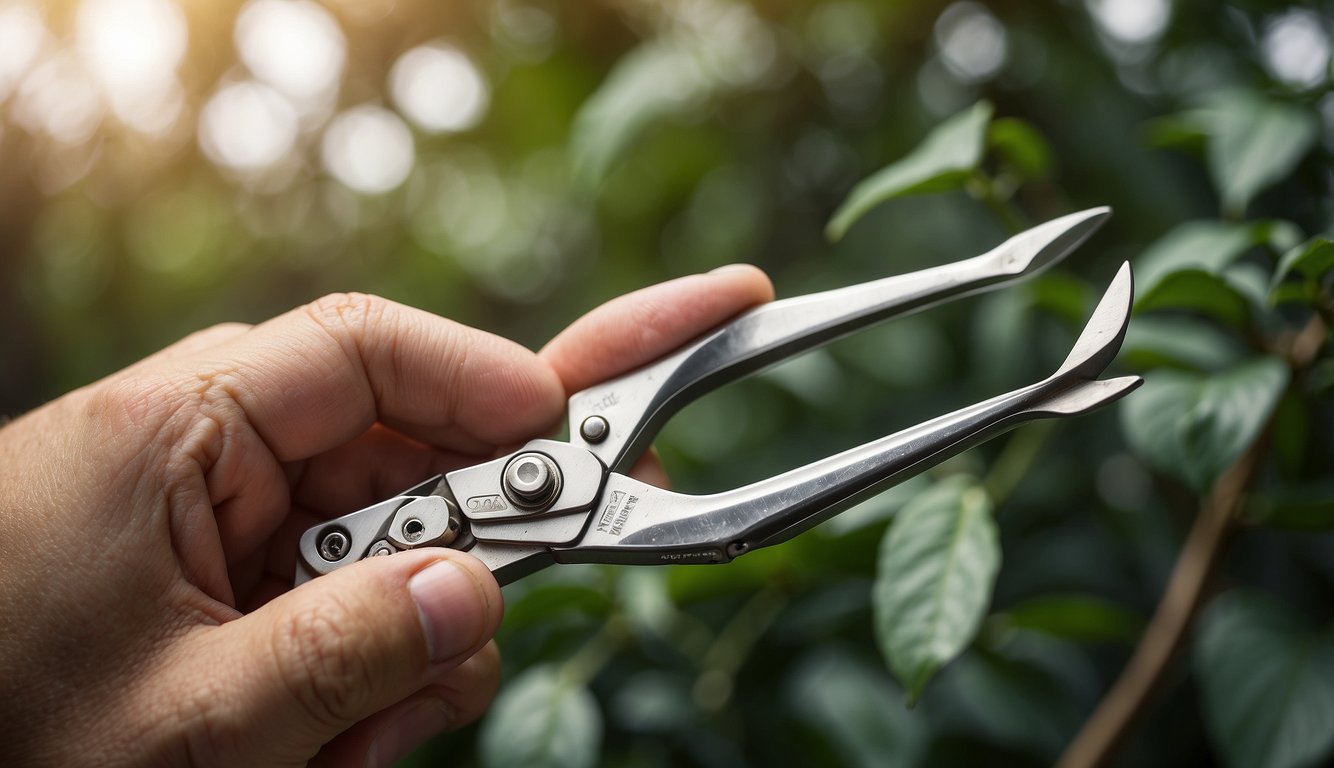 A hand holding a pair of top pruning shears, with a focus on the ergonomic handle and sharp, efficient blades