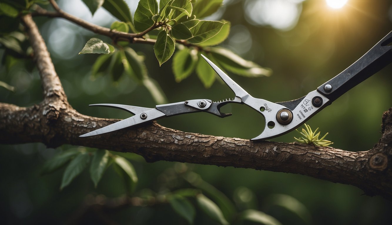 A pair of sharp pruning shears cutting away dead branches from a healthy plant