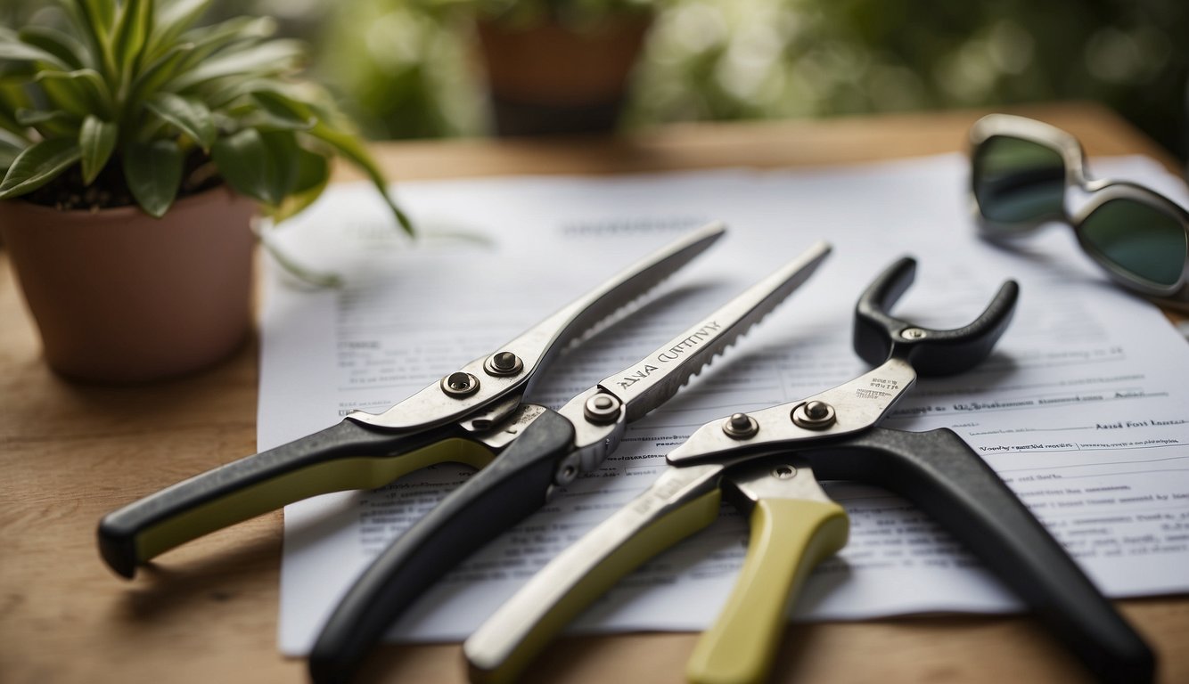 A pair of pruning shears sits atop a stack of papers labeled "Frequently Asked Questions," surrounded by gardening tools