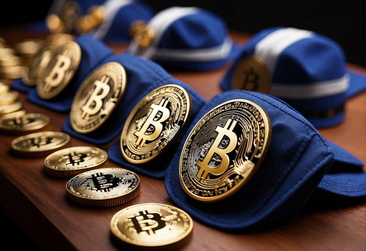 Cryptocurrency logos and symbols surround a table of law enforcement officers receiving training on the impact of digital currency on trade
