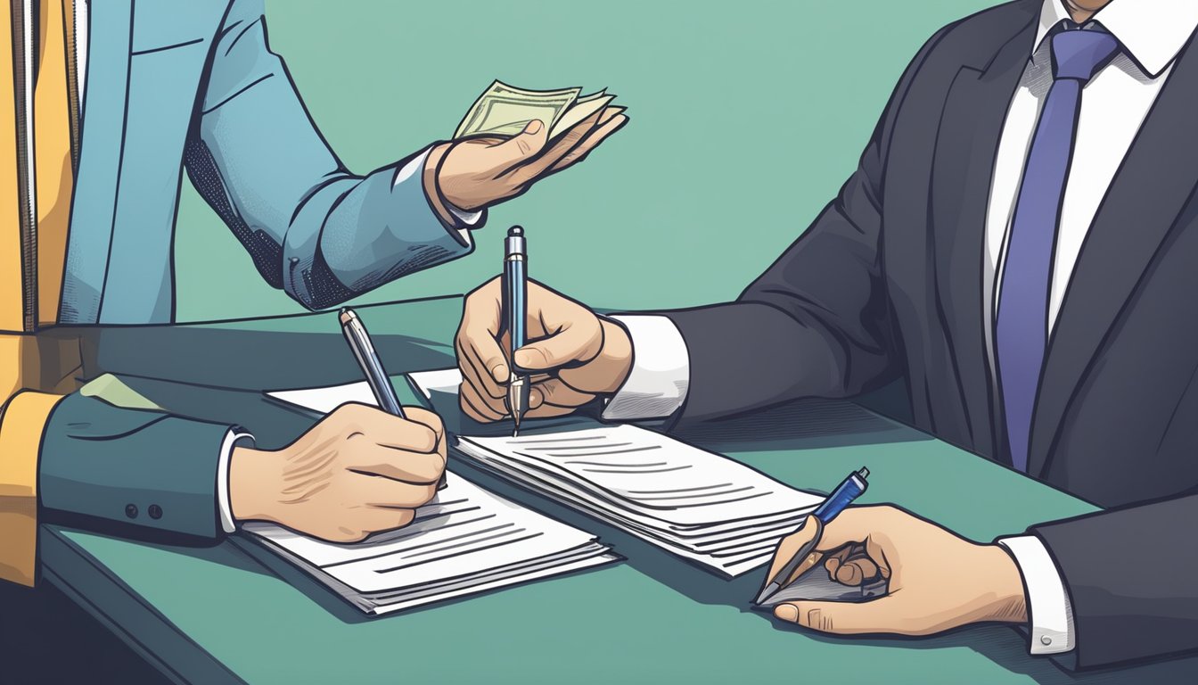 A person signing a loan agreement with a licensed money lender, exchanging money for a signed contract