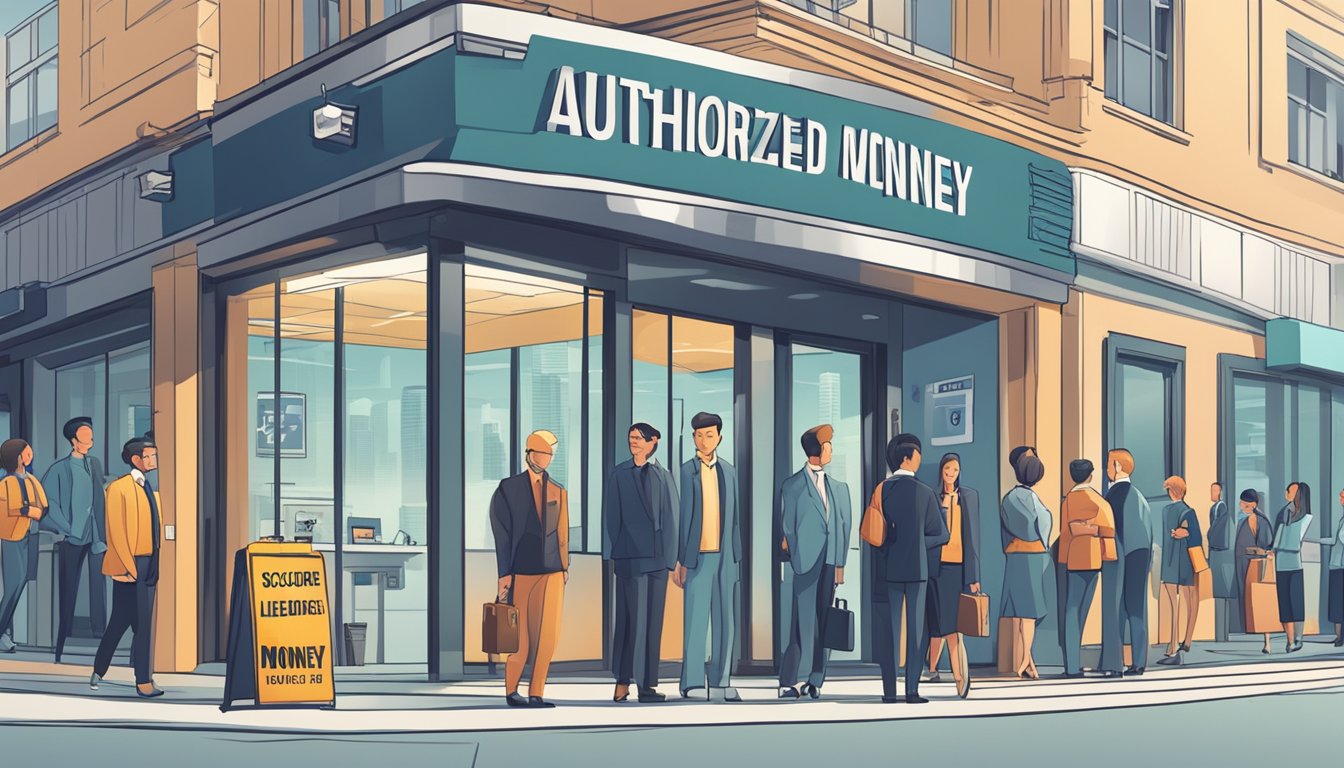 A signboard with "Authorised Money Lender" in bold letters, next to a secure-looking office with a queue of people waiting outside