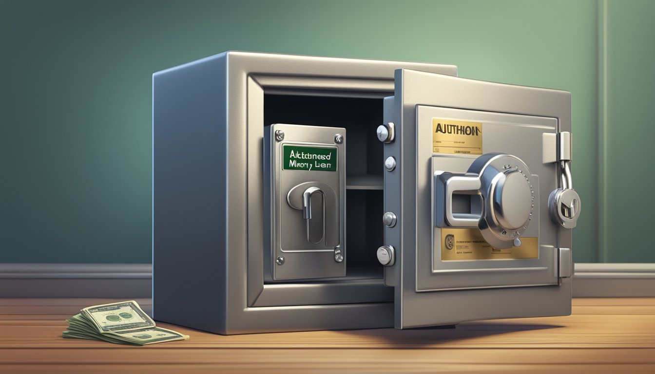 A locked safe with a large padlock and a sign reading "Authorised Money Lender" displayed prominently