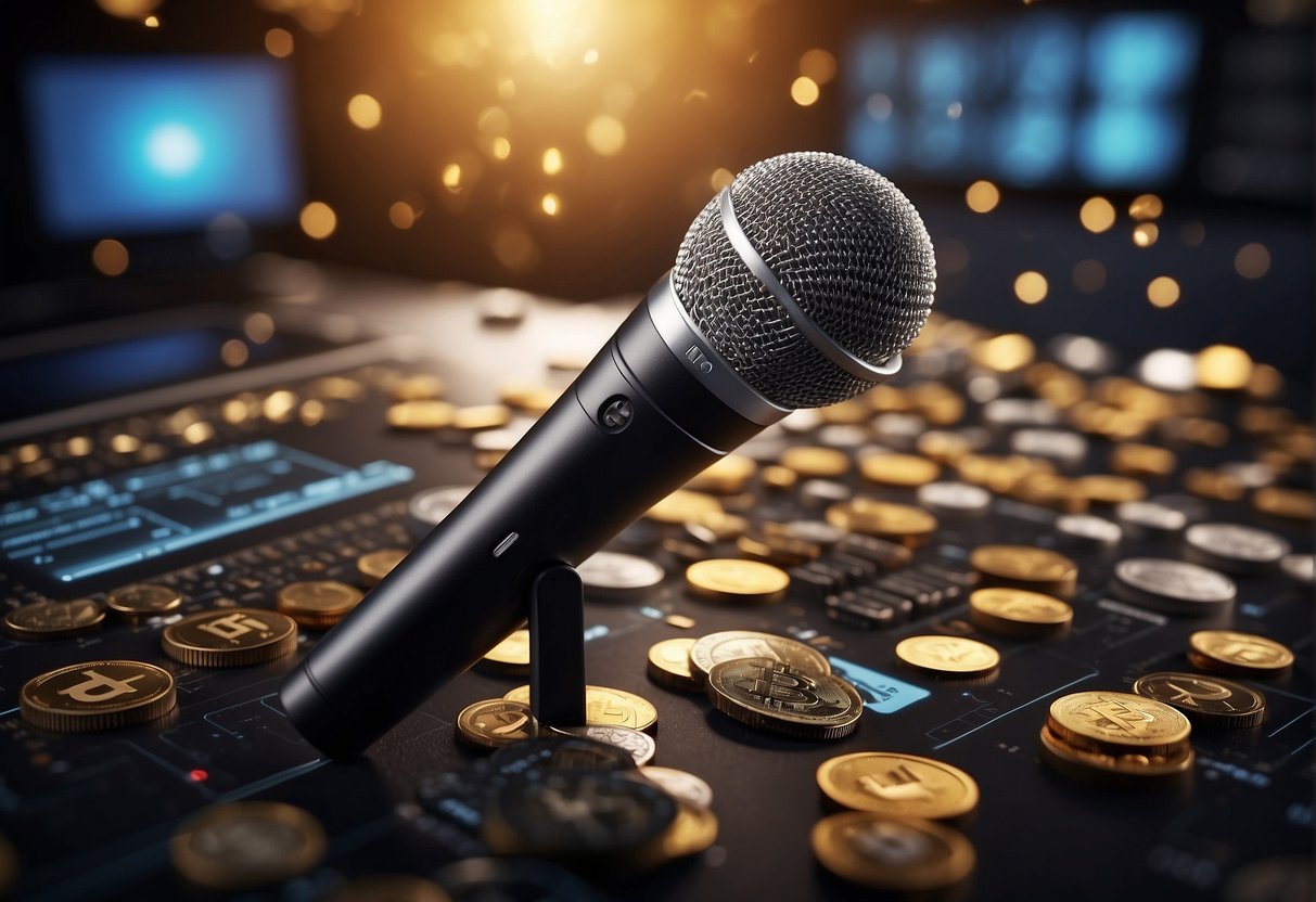A microphone surrounded by various cryptocurrency symbols and logos, with sound waves emanating from it