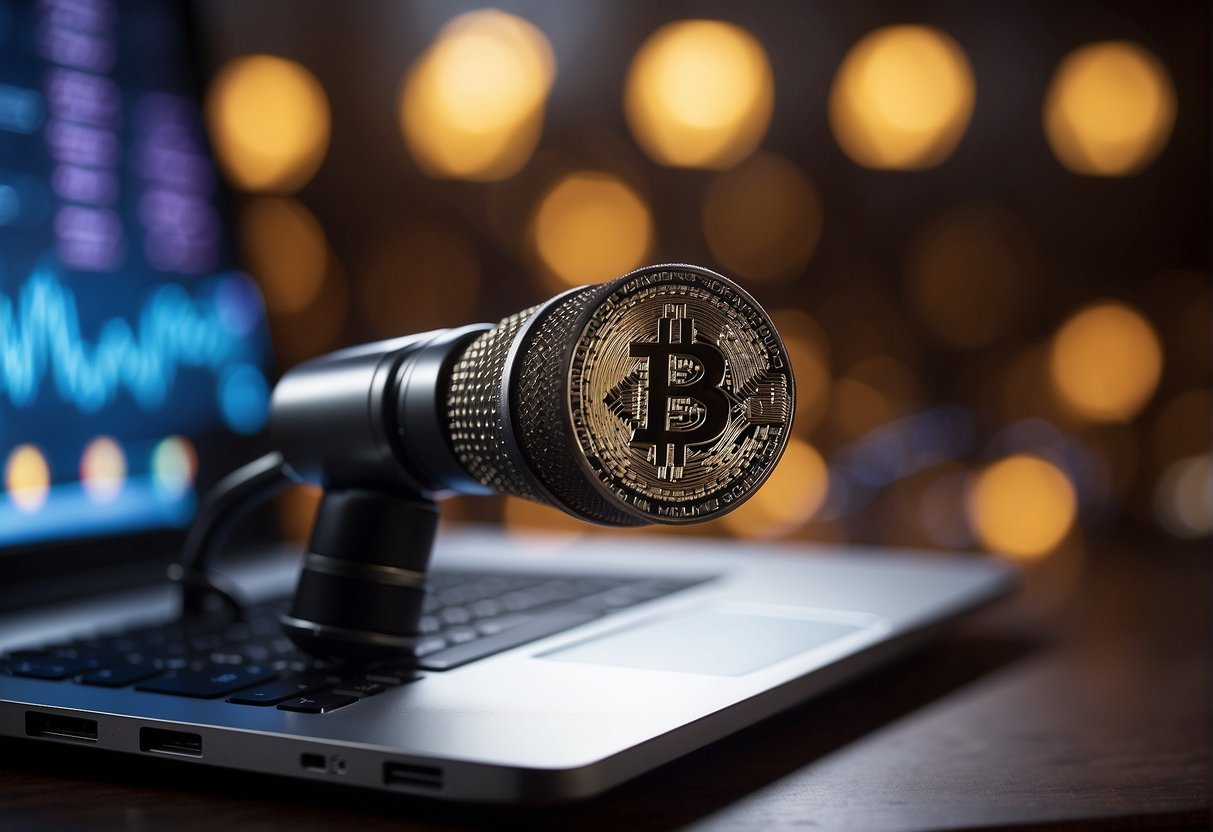 A microphone surrounded by digital currency symbols, with a laptop displaying a graph of cryptocurrency prices in the background
