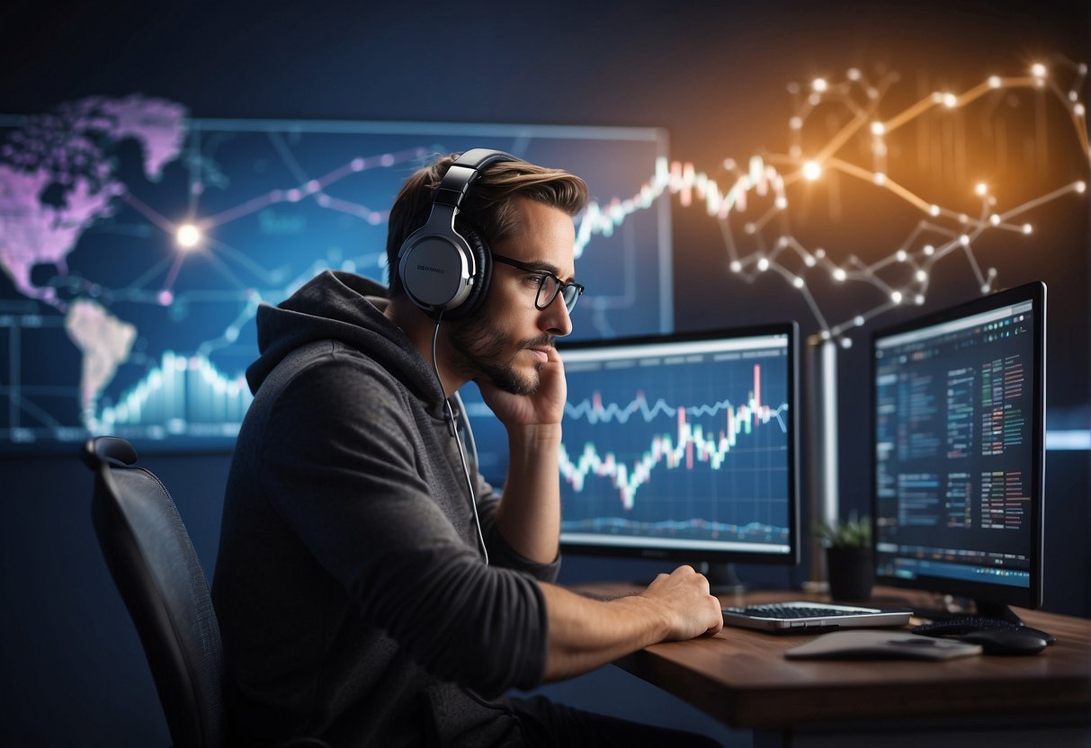 A person listening to a podcast on cryptocurrency, surrounded by charts, graphs, and digital currency logos