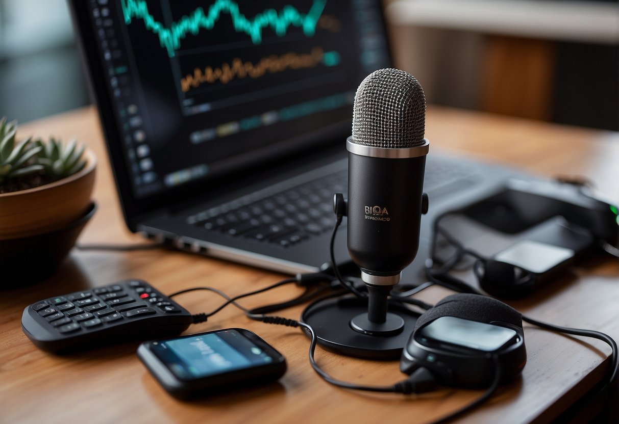 A podcast host speaks into a microphone surrounded by cryptocurrency-related items like a computer, bitcoin logo, and financial charts