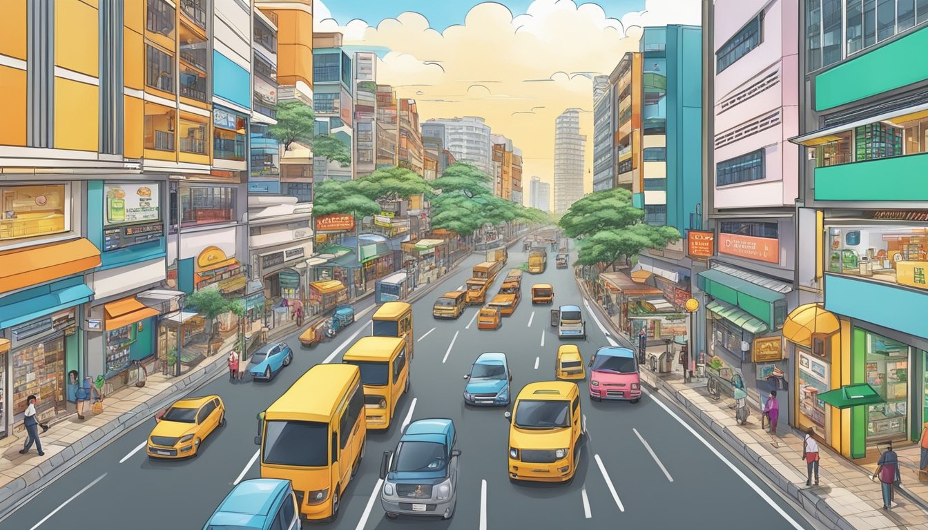 A bustling street in Bukit Batok with various financial service storefronts, including money lending offices and loan options. The vibrant scene showcases the diverse range of financial services available in the area