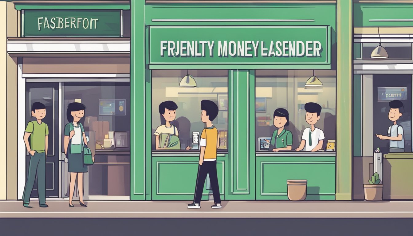 A line of people waiting outside a storefront with a sign that reads "Frequently Asked Questions Bukit Batok Money Lender." The storefront has a glass window and a door with a sign indicating business hours