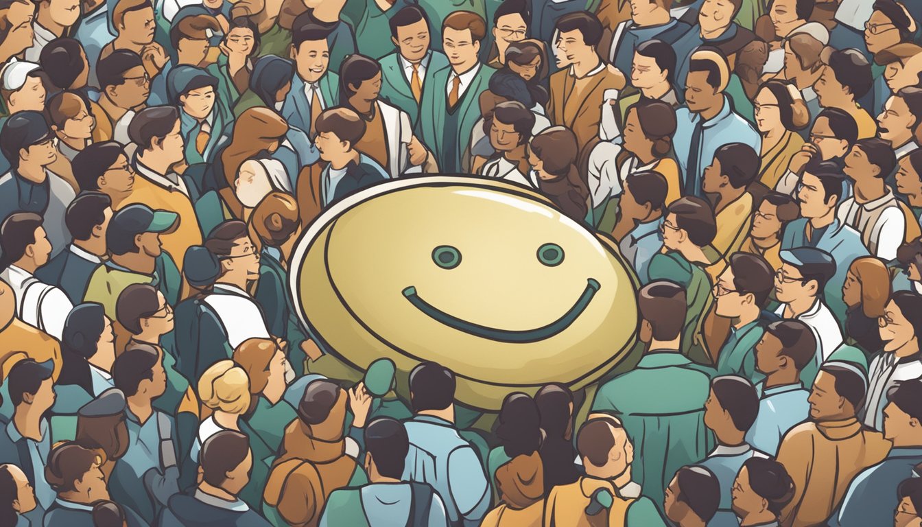 A bean-shaped money lender surrounded by a crowd with question marks floating above their heads