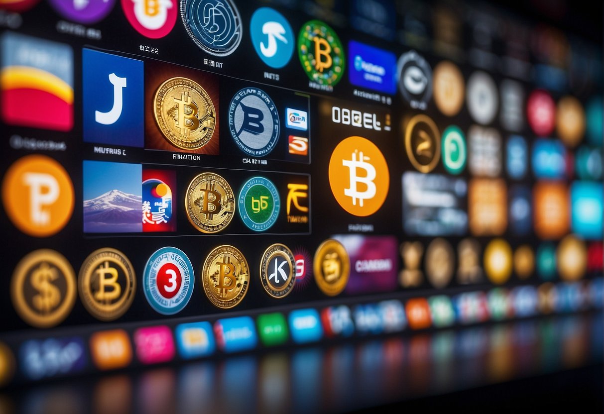 An array of Chinese cryptocurrency logos displayed on a digital screen