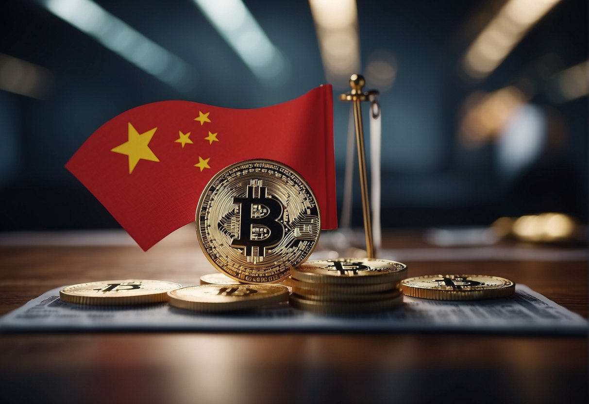 Chinese flag waving over a list of regulated cryptocurrencies, with government officials standing in the background