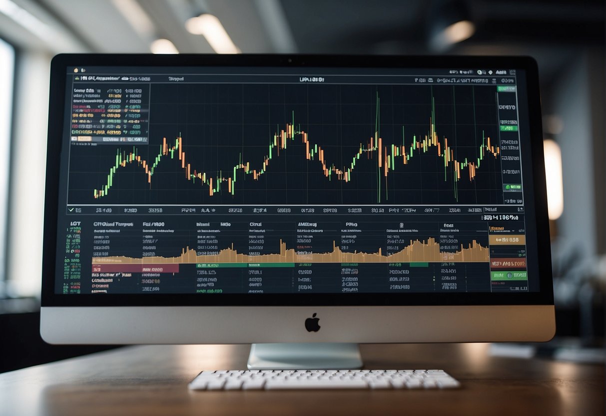 Cryptocurrency charts and data displayed on computer screens, with dynamic market movements and trading activity