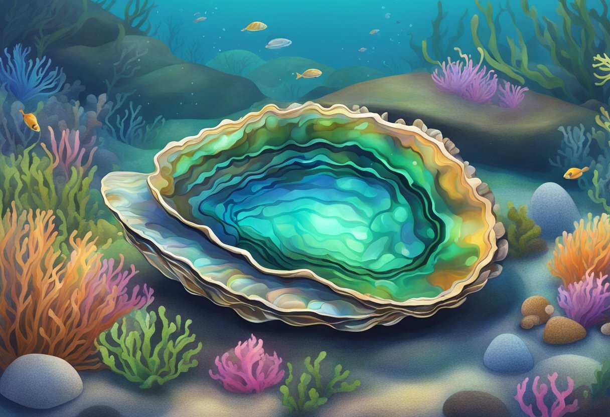 A colorful abalone shell resting on a rocky ocean floor, surrounded by swaying seaweed and vibrant marine life