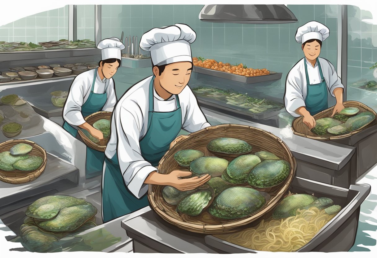 Abalone being harvested from the ocean floor and placed in baskets. Chefs preparing the delicacy in a kitchen, surrounded by fresh herbs and ingredients