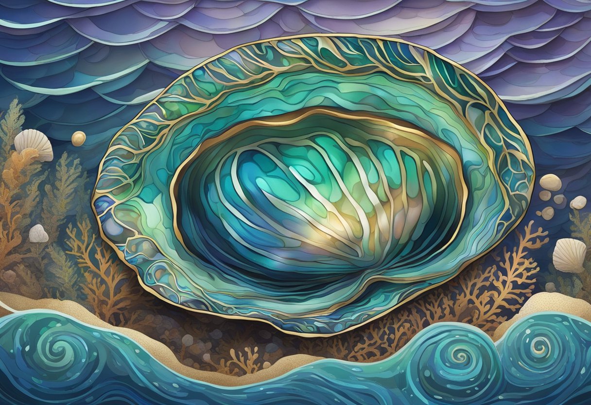 A close-up of a colorful abalone shell with intricate patterns and textures, surrounded by ocean waves and kelp