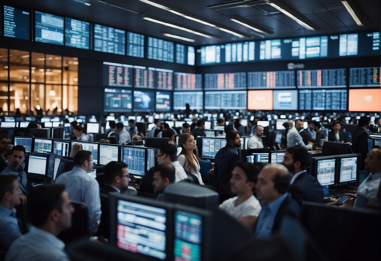 A bustling trading floor with digital screens showing fluctuating prices, surrounded by busy traders and analysts