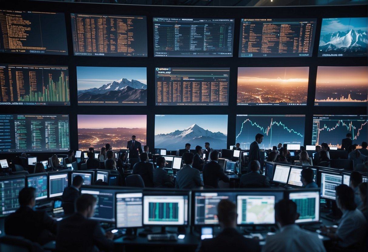 A bustling trading floor with digital screens displaying various cryptocurrency prices, traders exchanging tokens, and a constant flow of activity