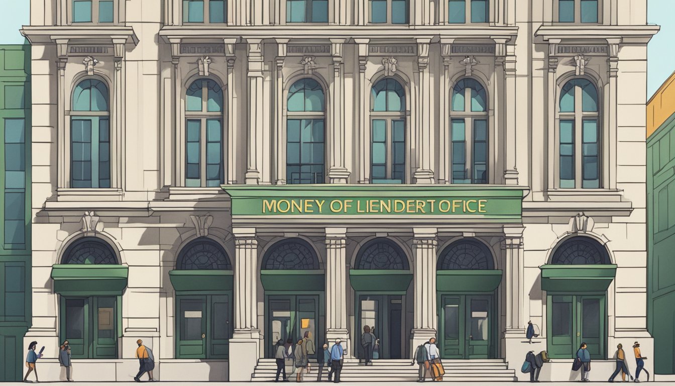 City hall facade with a line of people outside. A sign reads "Money Lender Office." Tall windows and intricate architecture