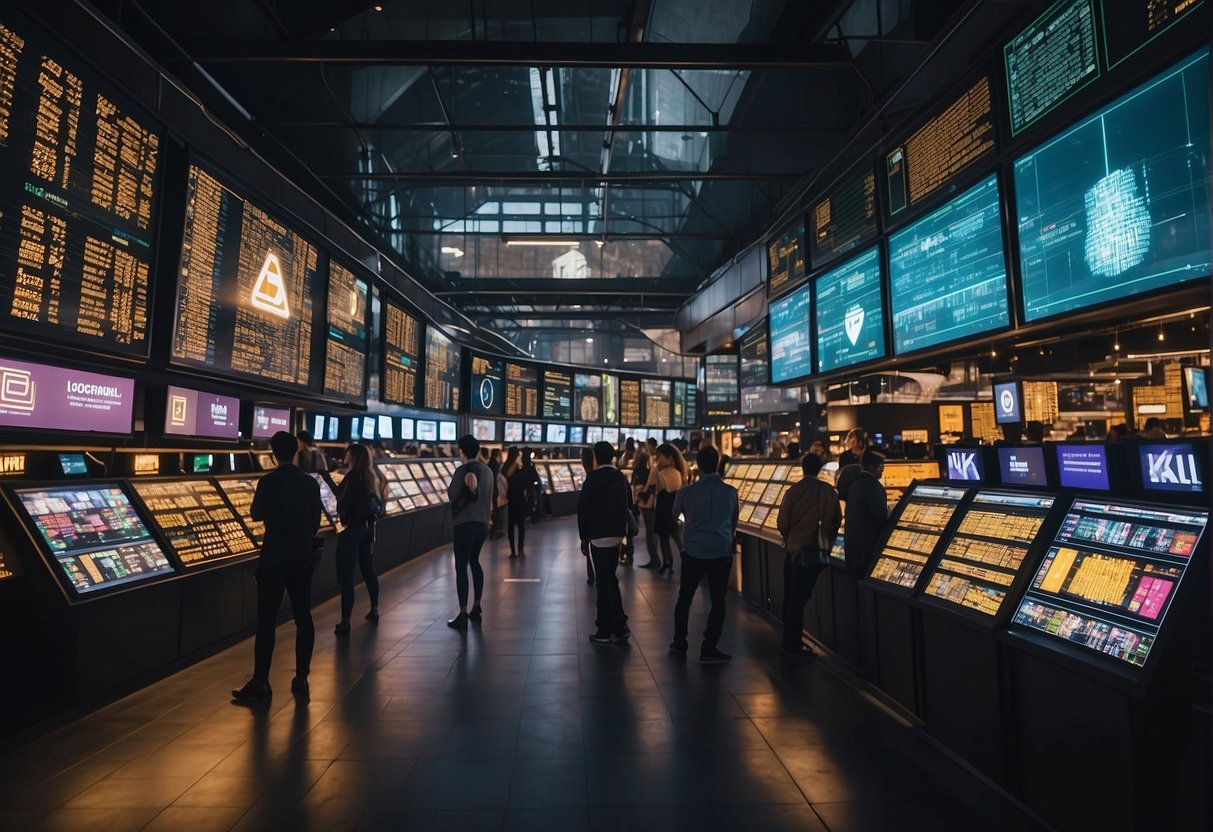 A bustling marketplace with digital screens displaying various cryptocurrency logos and prices. A large, prominent sign reads "Largest Cryptocurrency Exchange."