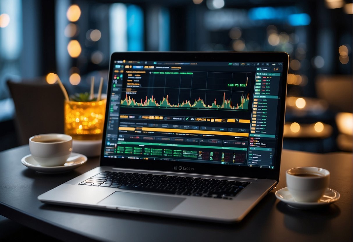 A sleek laptop with multiple screens open to cryptocurrency trading platforms, surrounded by charts and graphs showing market trends