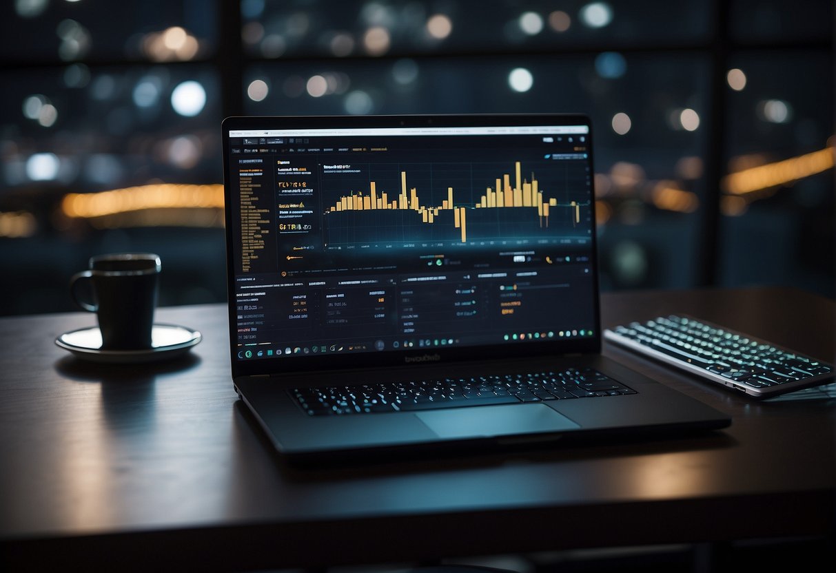 A sleek laptop with multiple screens displaying cryptocurrency charts, surrounded by a keyboard, mouse, and notepad with trading notes