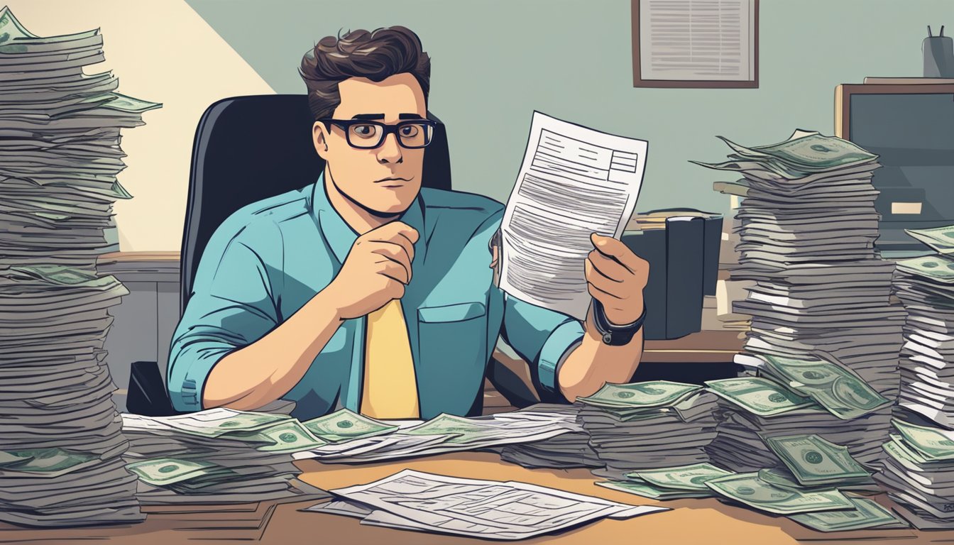 A person in distress sits at a cluttered desk, holding a stack of unpaid bills. A stern-looking moneylender stands across from them, pointing to a contract with intimidating terms