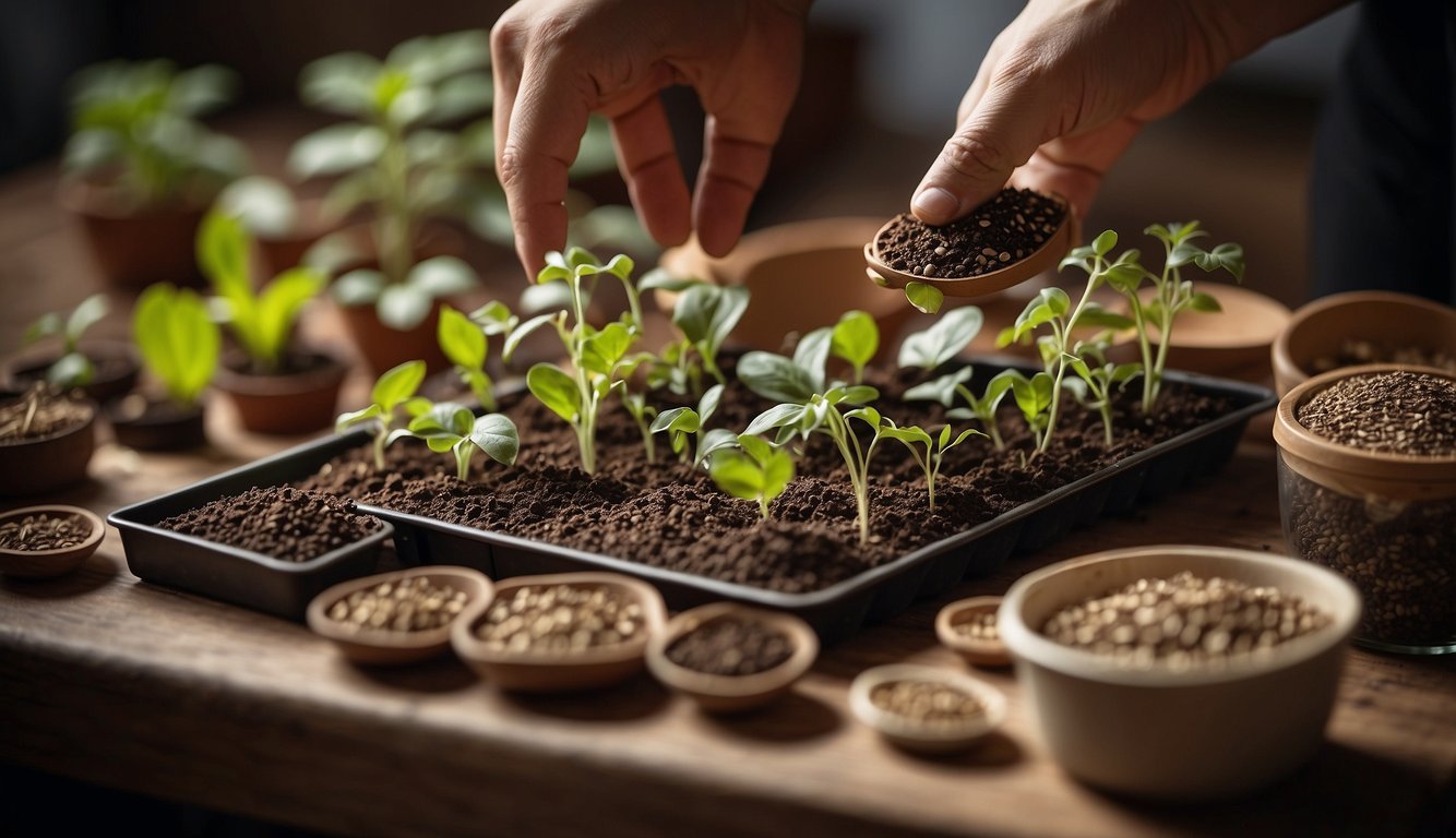 A hand reaches for a variety of seeds, soil, and pots on a table, ready to begin the process of creating a seed starter recipe