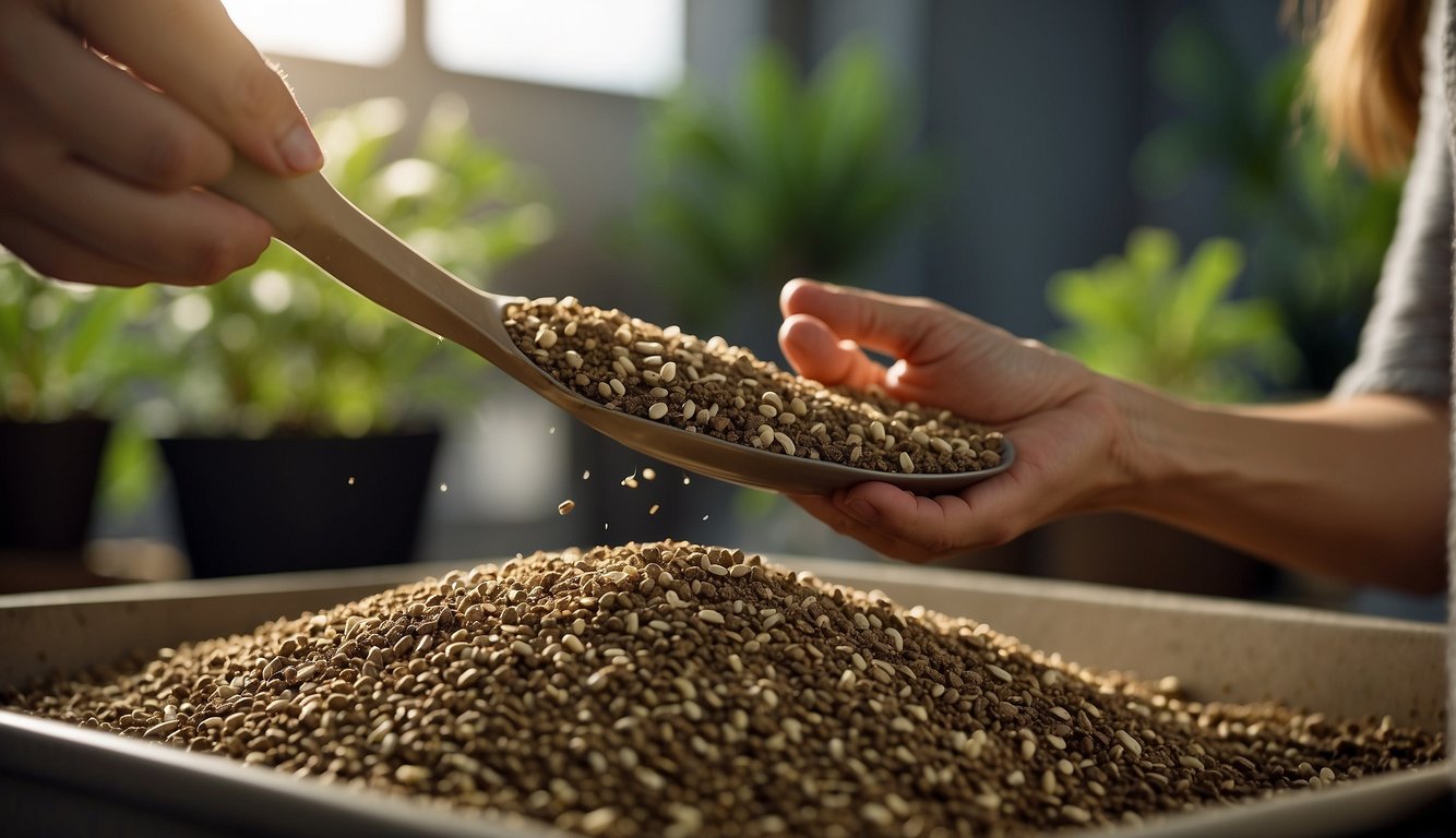 A hand pours vermiculite, perlite, and peat moss into a large container. The ingredients are mixed thoroughly to create the perfect seed starting mix