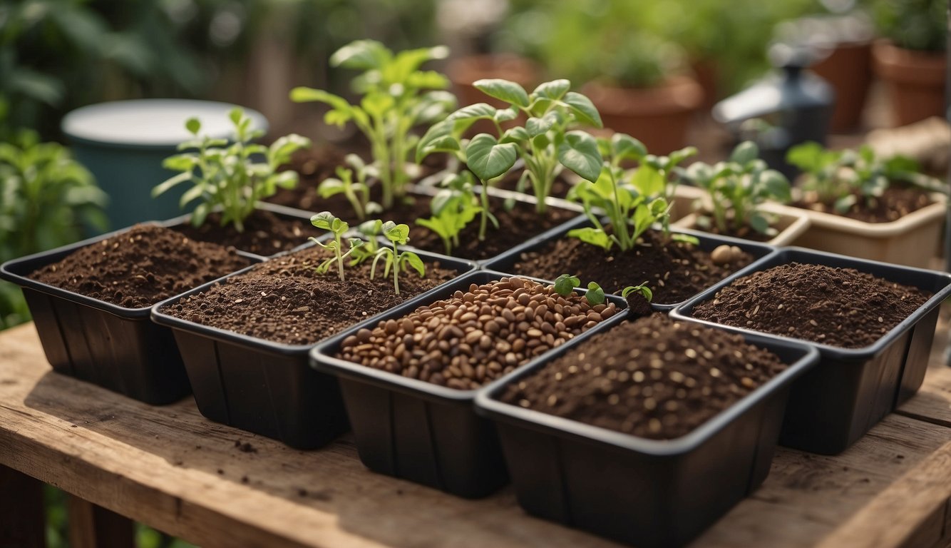 A table with various containers and trays filled with soil, seeds, and gardening tools arranged for a seed starter recipe