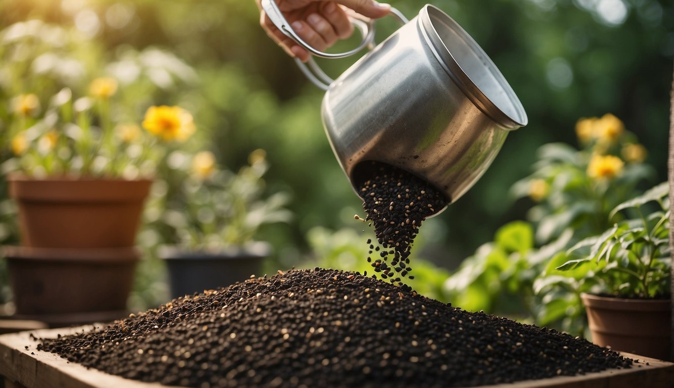 A hand pours seeds into a biodegradable container filled with compost and alternative materials. A watering can adds moisture to the mixture, promoting sustainable seed growth