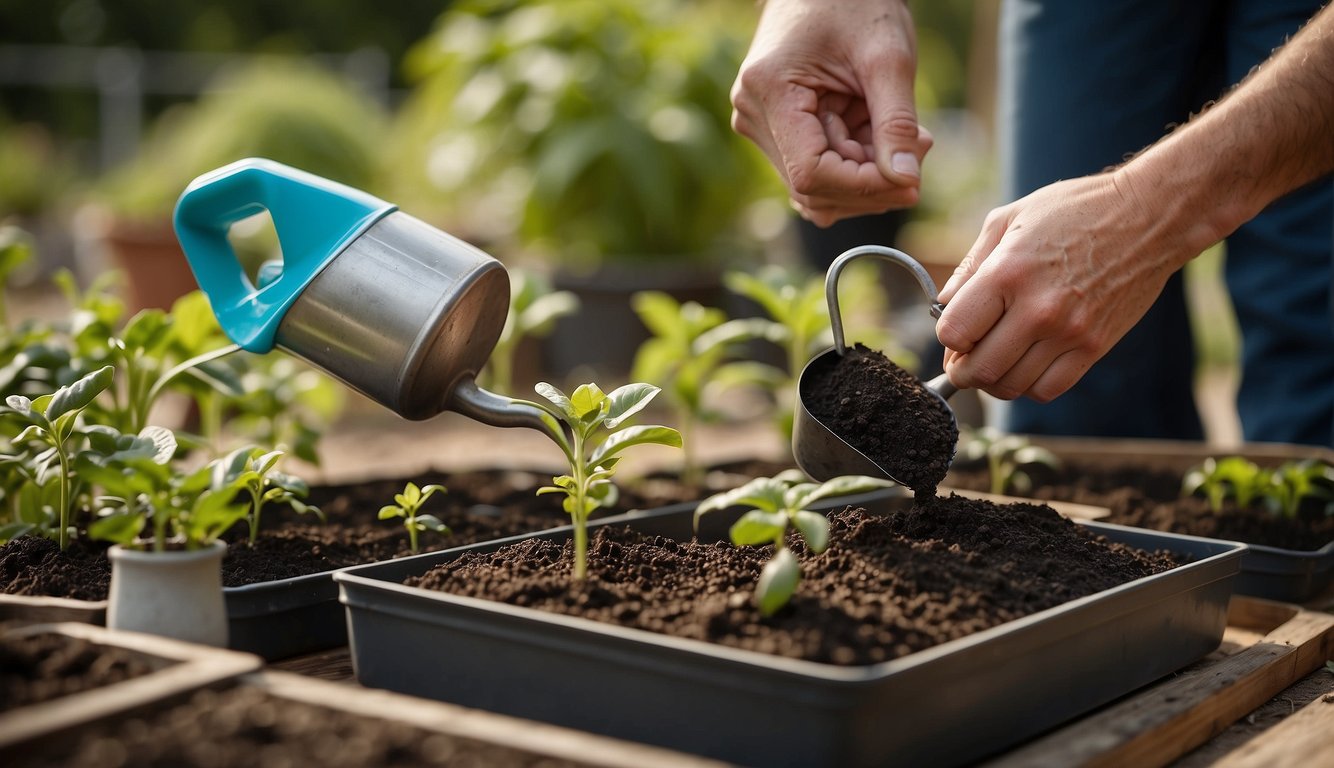 A hand pouring a mixture of soil, compost, and fertilizer into a seedling tray, with a watering can nearby