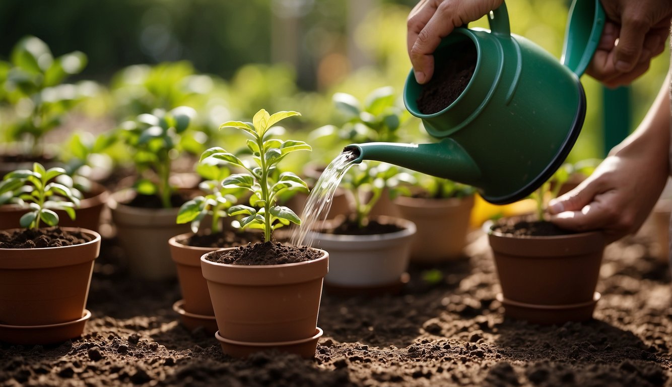 A hand pours soil into small pots, then gently places seedlings in the soil. A watering can is used to moisten the soil, and the pots are placed in a sunny spot