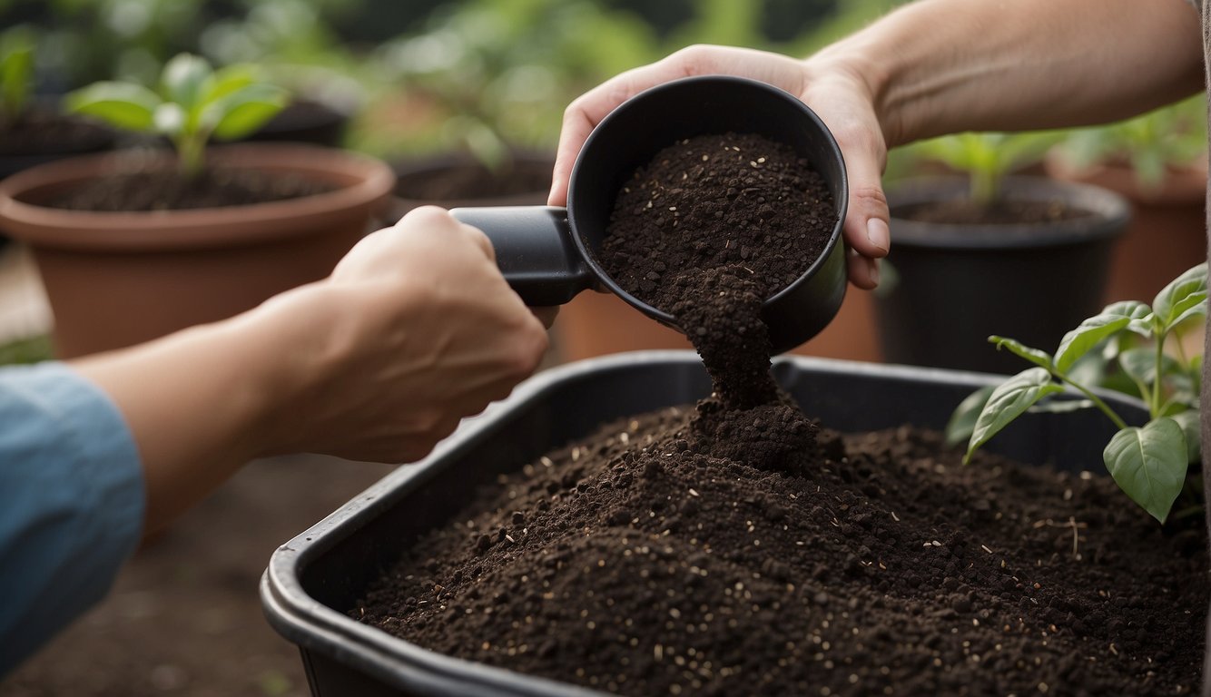 A hand pours a mix of soil, compost, and perlite into a labeled container. Another hand uses a scoop to fill seedling trays with the mix