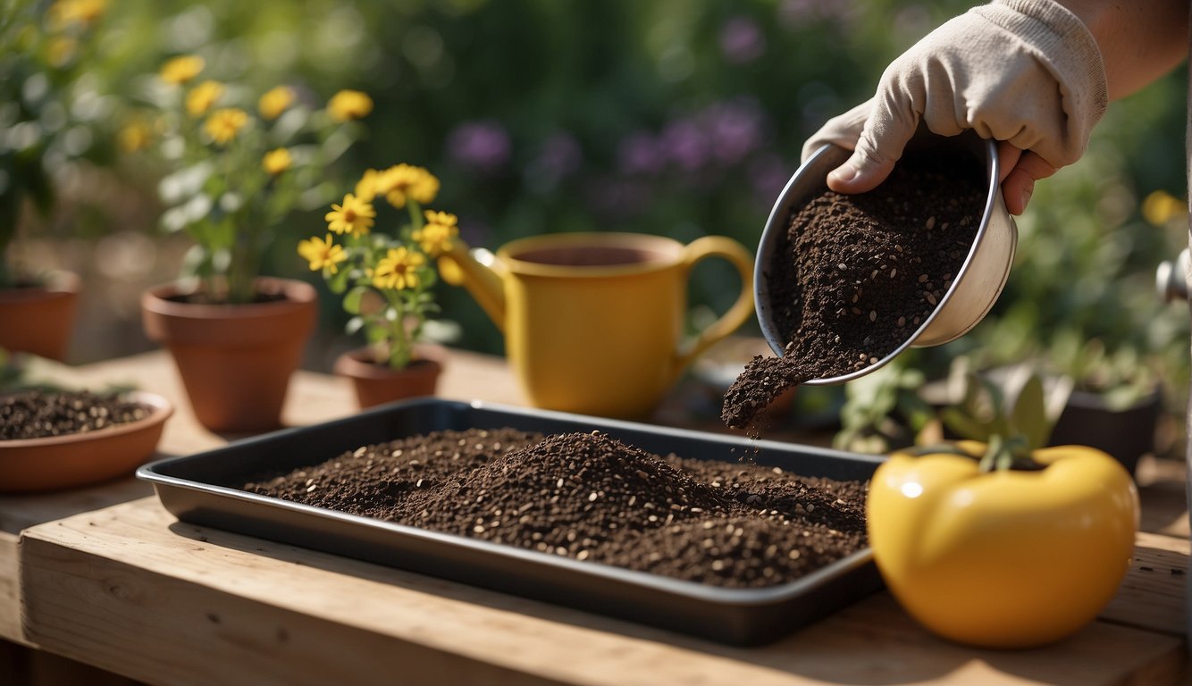 A hand pours soil into a seed tray. A packet of seeds sits nearby, with a watering can and gardening gloves. The recipe is displayed on a tablet
