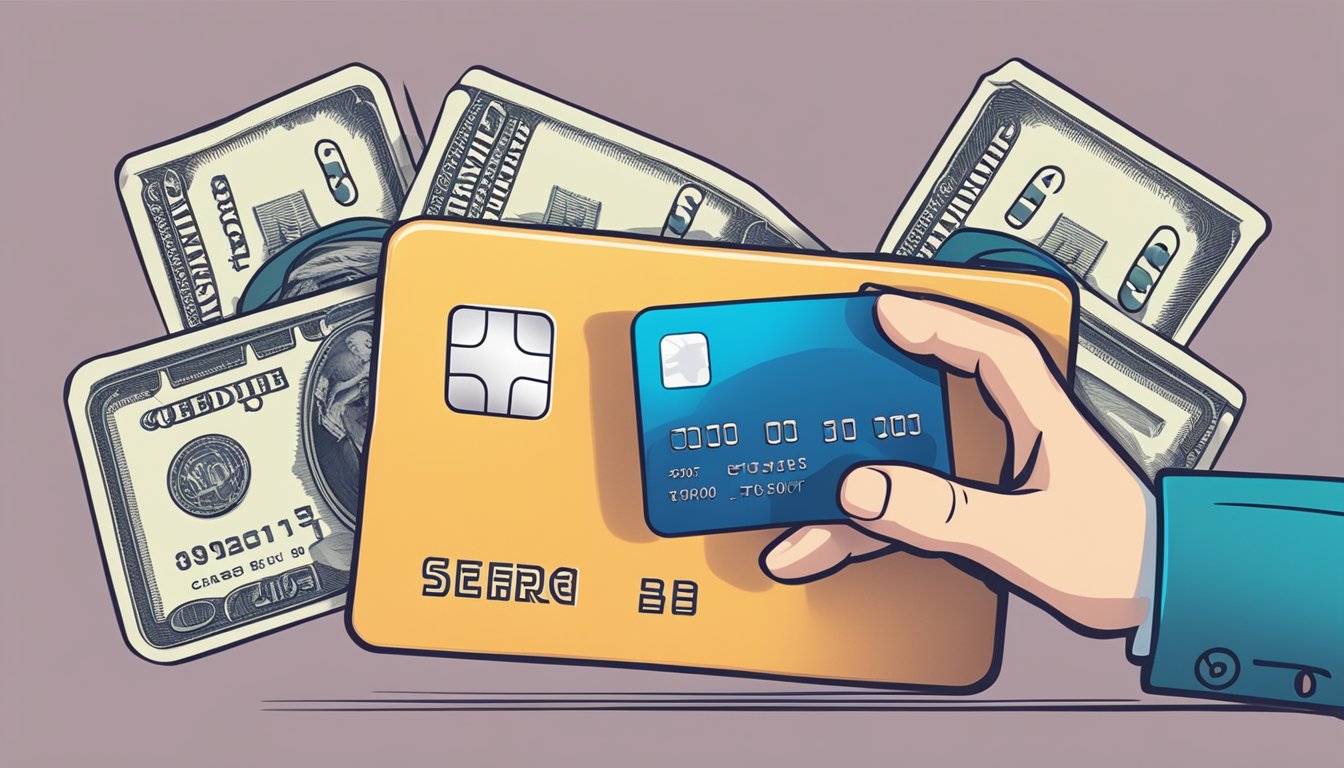 A hand holding a credit card, with a money lender's logo in the background