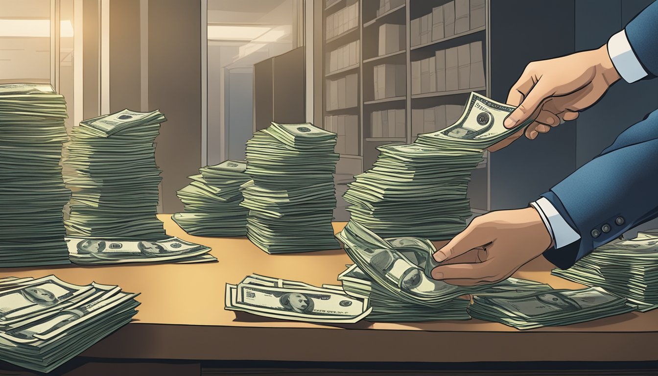A figure hands over money to a lender, who holds out a hand to receive it. The lender's office is dimly lit with a large desk and stacks of papers