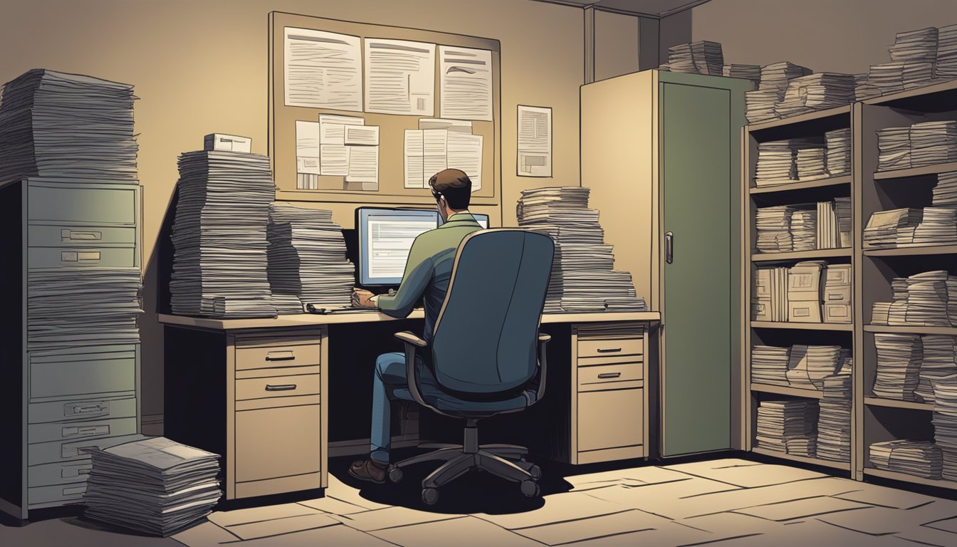 A figure sits behind a desk, surrounded by stacks of paperwork and a computer. The room is dimly lit, with a sign on the wall reading "Credit Money Lender."