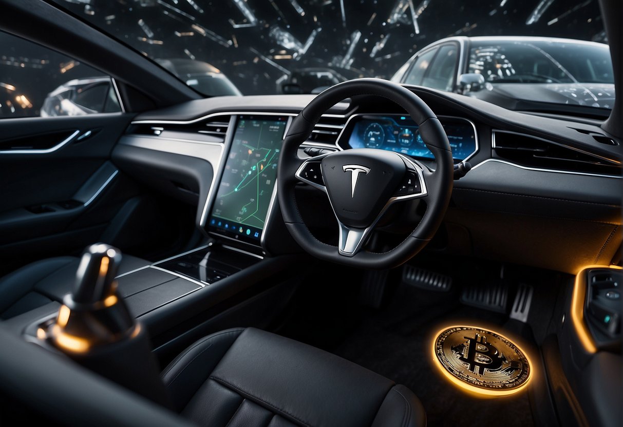Elon Musk's influence shown through a computer screen with cryptocurrency charts, a Tesla car, and SpaceX rocket in the background