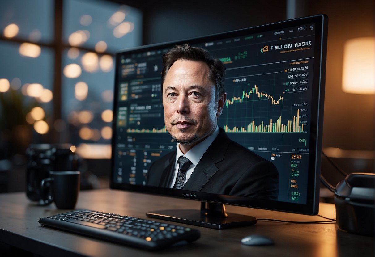 A computer screen displaying Elon Musk's cryptocurrency with financial charts and investment notes