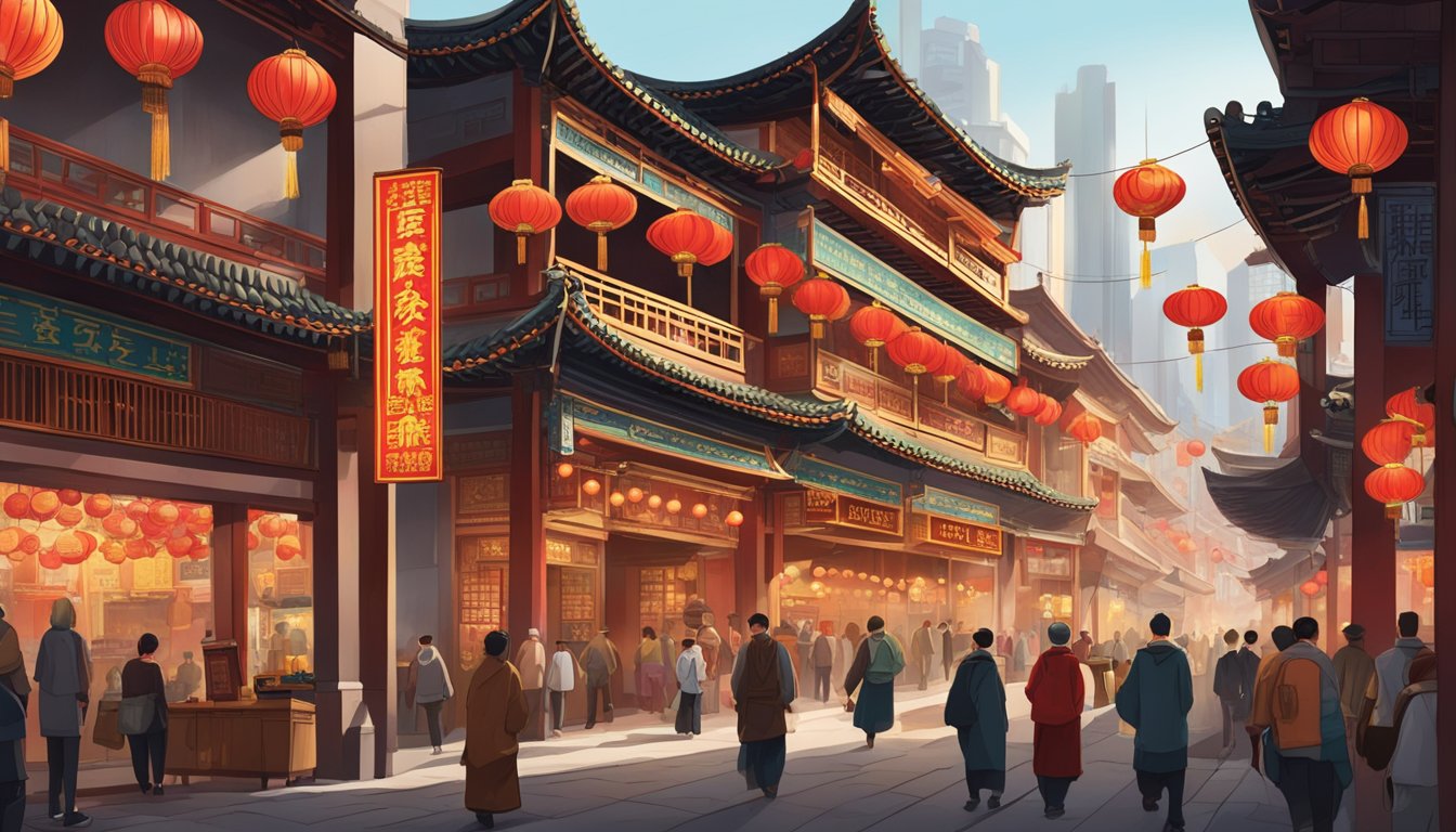 A bustling Chinatown street with a traditional money lender's shop, adorned with red and gold signage, lanterns, and intricate architectural details
