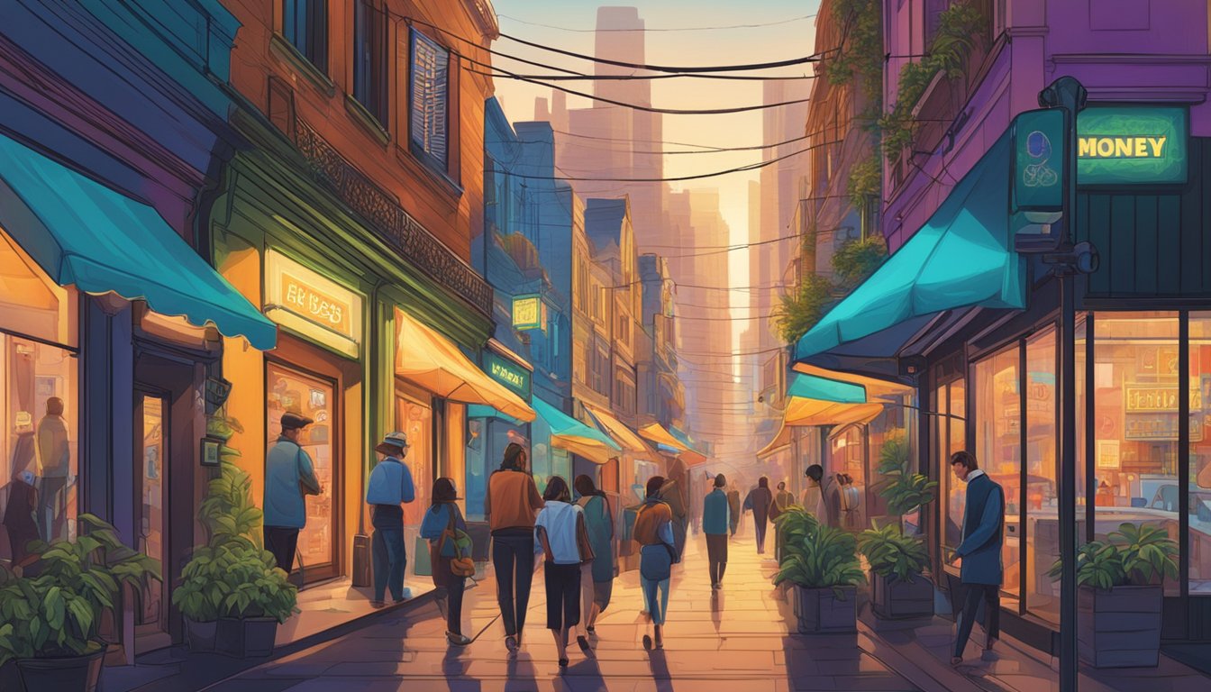 People bustling in and out of narrow alleys, neon signs illuminating the way to money lenders' storefronts. A mix of traditional and modern architecture creates a dynamic and bustling atmosphere