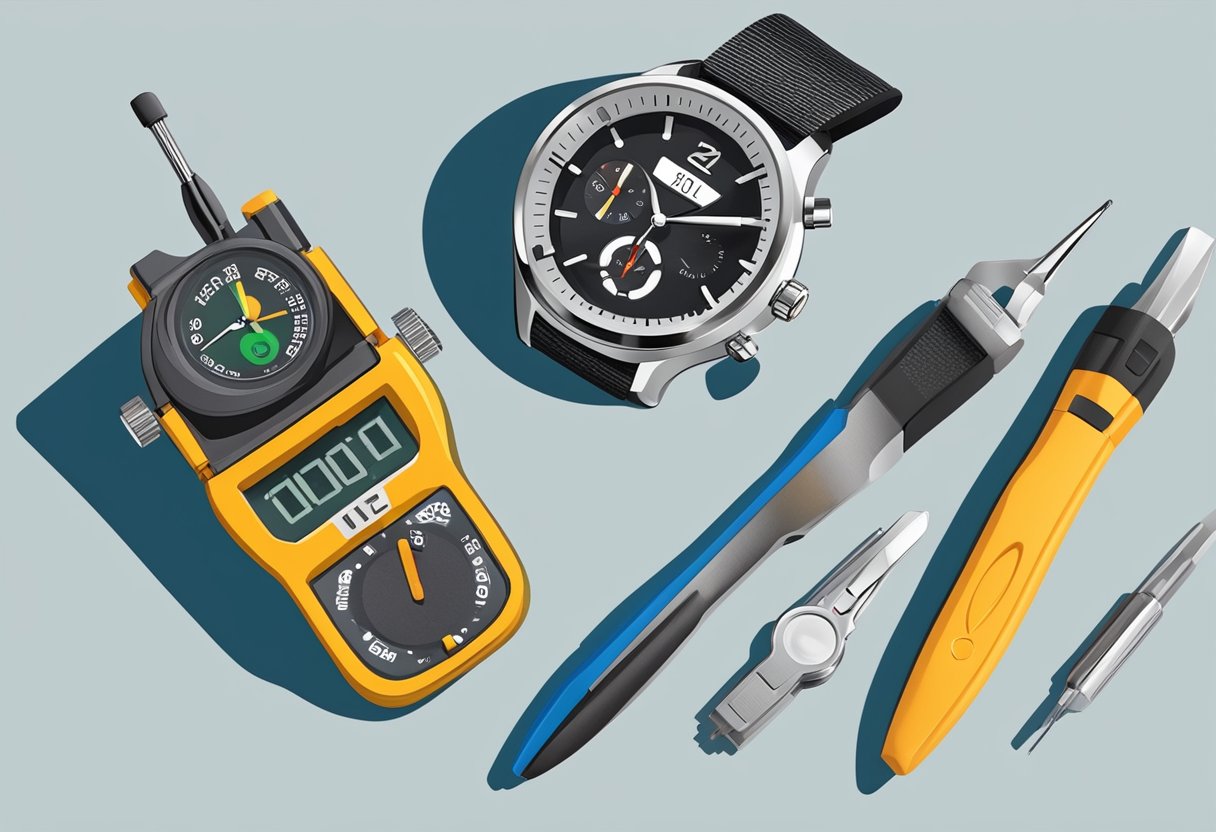 A watch with a dead battery, displaying incorrect time. A small tool kit nearby, including a tiny screwdriver and replacement battery