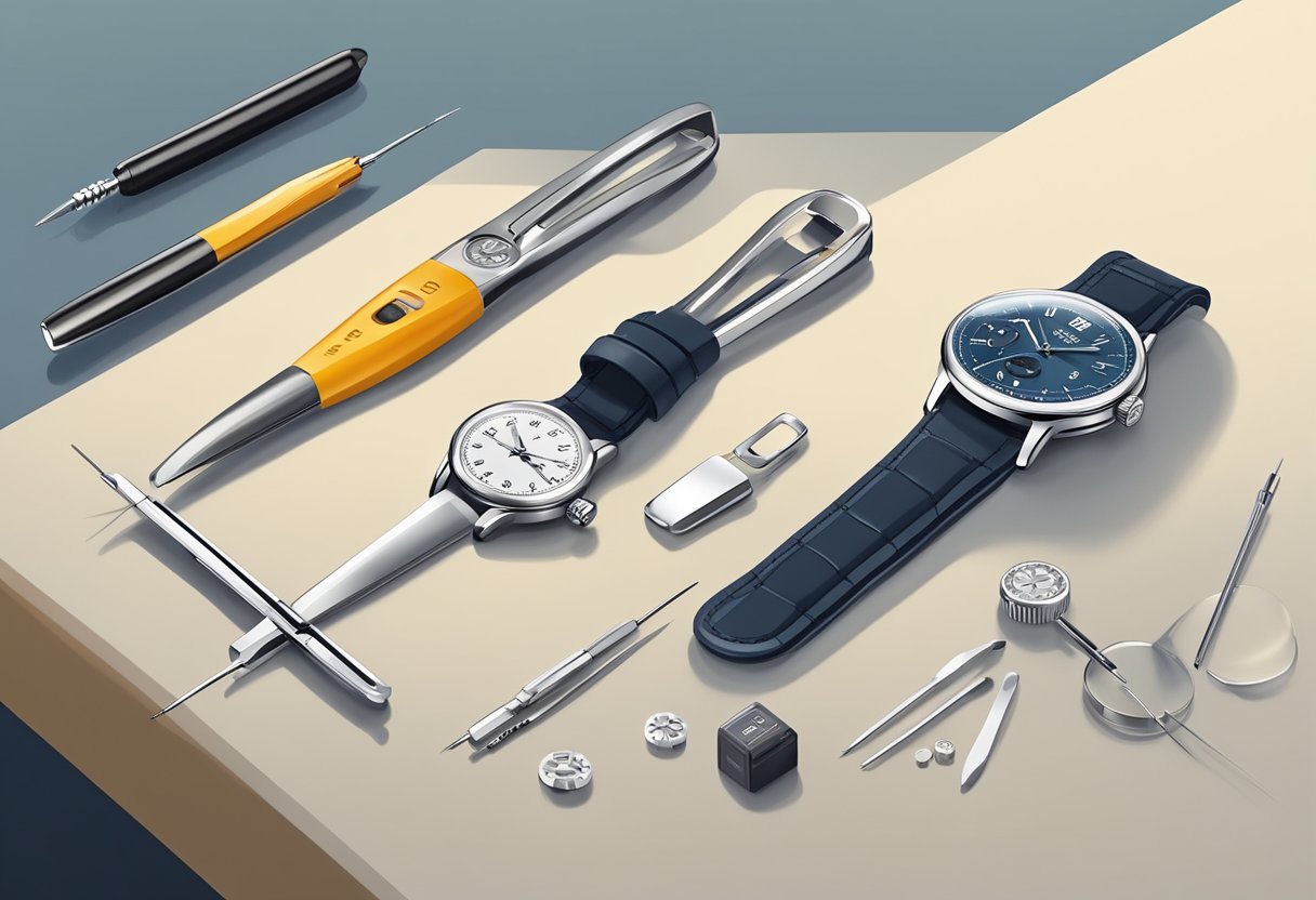 A watch with an open back, a small screwdriver, a fresh battery, and a pair of tweezers laid out on a clean, well-lit work surface