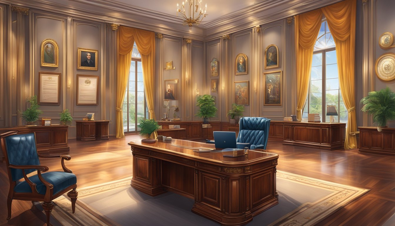 A grand office with opulent decor, a polished mahogany desk, and a wall lined with prestigious awards and certificates